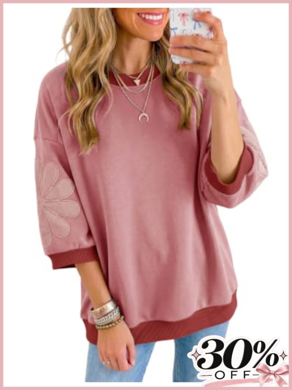 Womens Floral Patch Sweatshirt 3/4 Sleeve Crewneck Pullover Top
